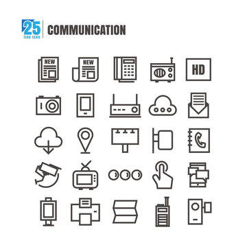 icons communication Newspaper radio television phone Check-in camera vector on white background