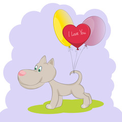 Cute  dog with balloons. Valentines day card with puppy in cartoon style.