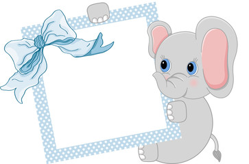 Baby elephant holding blue frame and ribbon