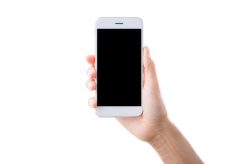 closeup hand holding phone isolated