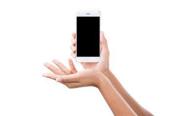 closeup hand holding phone isolated