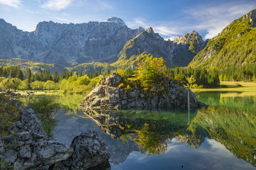 panorama of mountain lake in the morning in the Julian Alps