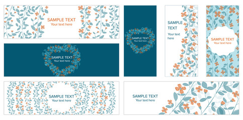 Abstract vector set of web banner templates with floral background for headers of websites, labels and advertising on social media.