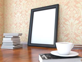 Mock up scene, coffee, poster, book, flower, 3d render
