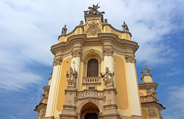 Front part of the St. George's Cathedral, a baroque-rococo cathedral in Lviv, Ukraine