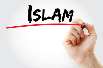 Hand writing Islam with marker, concept background