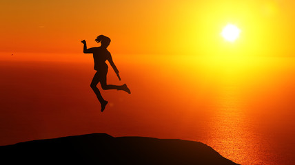Two beautiful silhouette of a girl jumping at sunset