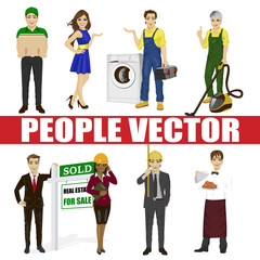 Set of diverse people. Various professions. Courier, fair hostesses, repairman, vacuum cleaner, real estate agent, architect, waiter