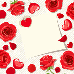 Vector Valentine's day card with red roses, petals and hearts.