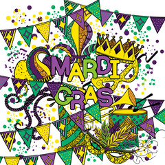 Mardi Gras or Shrove Tuesday. Colorful background with carnival mask and hats, jester s hat, crowns, fleur de lis, feathers and ribbons. Vector illustration