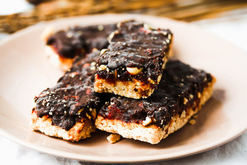 Raw homemade candy Snickers, healthy vegan desserts