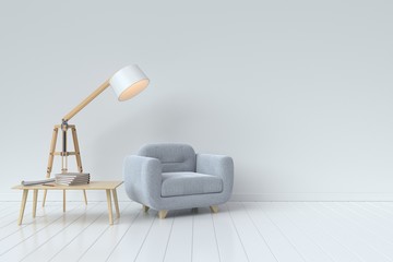 The interior has a sofa and lamp on empty white wall background,3D rendering