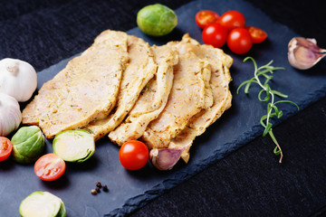 Raw marinated pork meat and vegetables 