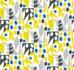 Seamless art pattern with leaf and flowers. The image is made in the style of hand-made, bright, simple