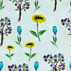 Seamless pattern with flowers and berries