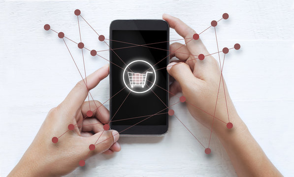 Man using mobile payments online shopping and icon customer network connection on screen, m-banking and omni channel