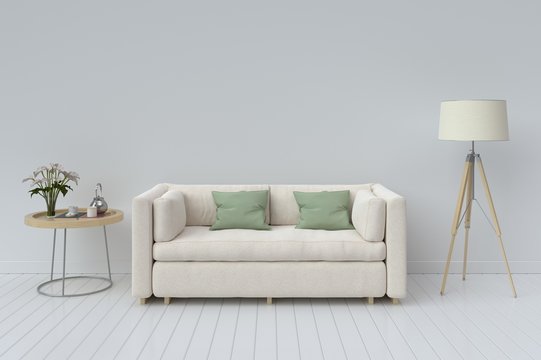Interior with sofa, plants and lamp on empty white wall background. 3D rendering.