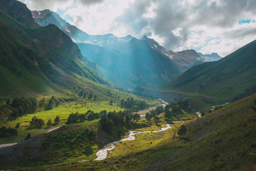 Mountain river Baksan, ravine Adyr-Su, Elbrus area, Greater Caucasus Range.