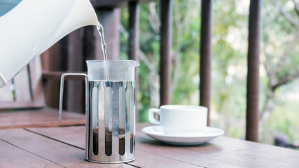 Hot coffee was brewed at a terrace.