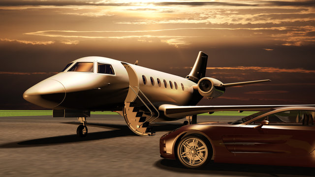 Privatjet mit Sportwagen auf dem Vorfeld eines Flughafens