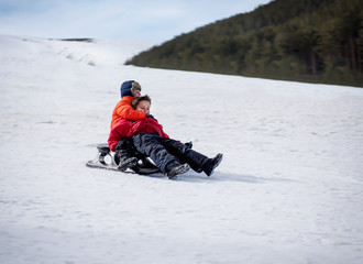 Fototapeta na wymiar Happy friends in winter sledding