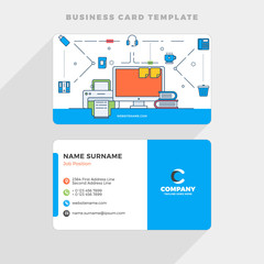 Creative Business Card Template with Flat Line Illustration. Workspace. Vector Illustration. Stationery Design