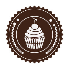 brown stamp with cupcake with cherry in round frame vector illustration
