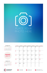 Wall calendar planner template for 2017 Year. January. Vector stationery design template. Week starts on Sunday