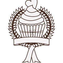 silhouette crown of leaves with cupcake with cream and heart cookie vector illustration