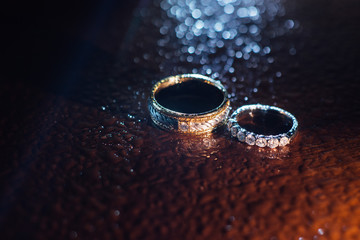 Obraz na płótnie Canvas Wedding rings with water droplets against