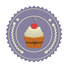 colorful stamp with olive crown and cupcake with cherry in round frame vector illustration