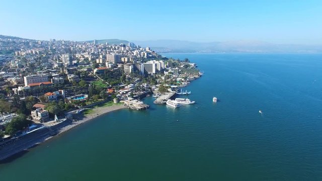 Tiberias, Israel - Aerial footage of the city coastline and the sea of Galilee