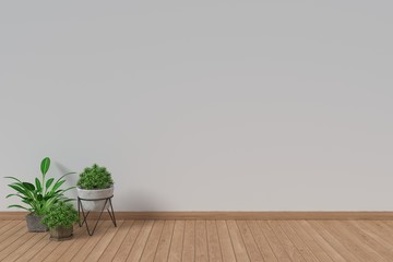 White interior design with plants on a floor,3D rendering