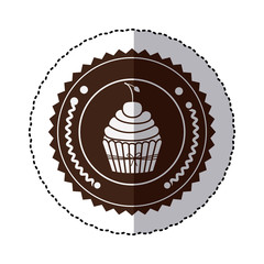 monochrome sticker with cupcake with cherry in round frame vector illustration