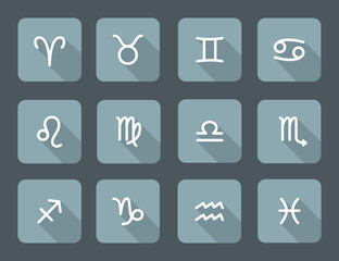 Set of zodiac symbols, gray blue icons with shadow on the gray background
