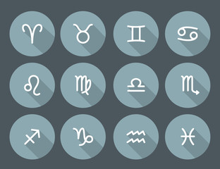 Set of zodiac symbols, round gray blue icons with shadow on the gray background