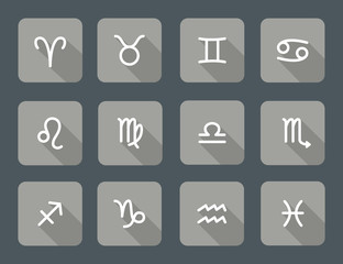 Set of zodiac symbols, gray icons with shadow on the dark gray background