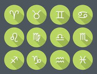 Set of zodiac symbols, round green icons with shadow on the dark gray background