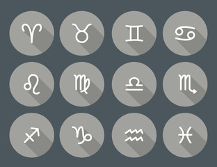 Fototapeta premium Set of zodiac symbols, round gray icons with shadow on the dark gray background