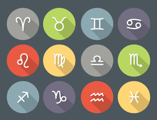 Set of zodiac symbols, round colored icons with shadow on the gray background