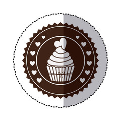 monochrome sticker with cupcake with heart in round frame . Vector illustration