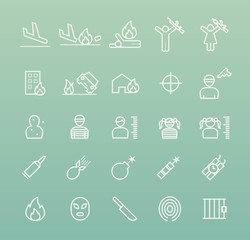 Set of Quality Universal Standard Minimal Simple Terrorism White Thin Line Icons on Color Background