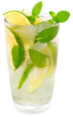 mojito cocktail with lime and leaf mint isolated