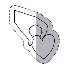 monochrome silhouette sticker with hand holding a heart vector illustration