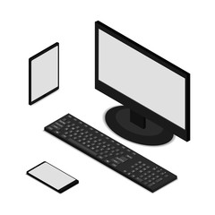 Icons of computer with keyboard, smartphone and tablet