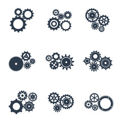 Set of outline icons of mechanical gears.