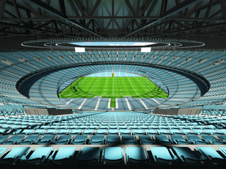 Fototapeta premium 3D render of a round rugby stadium with sky blue seats and VIP boxes
