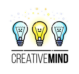 Light bulb characters. Happy and sad. Symbol of new idea. Vector motivation greeting card. Flat line style. Modern design.