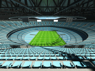 Fototapeta na wymiar 3D render of a round rugby stadium with sky blue seats and VIP boxes