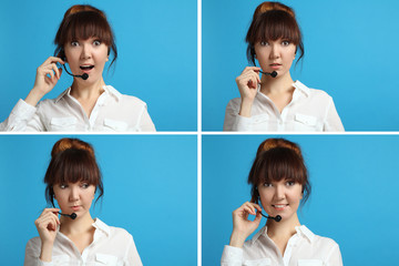 Young woman with a headset on a blue background. Call center employee. Collage.